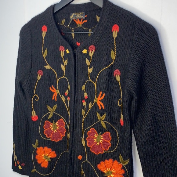 quipu Sweaters - QUIPU NWOT 100% baby alpaca floral embroidered button up cardigan size S black